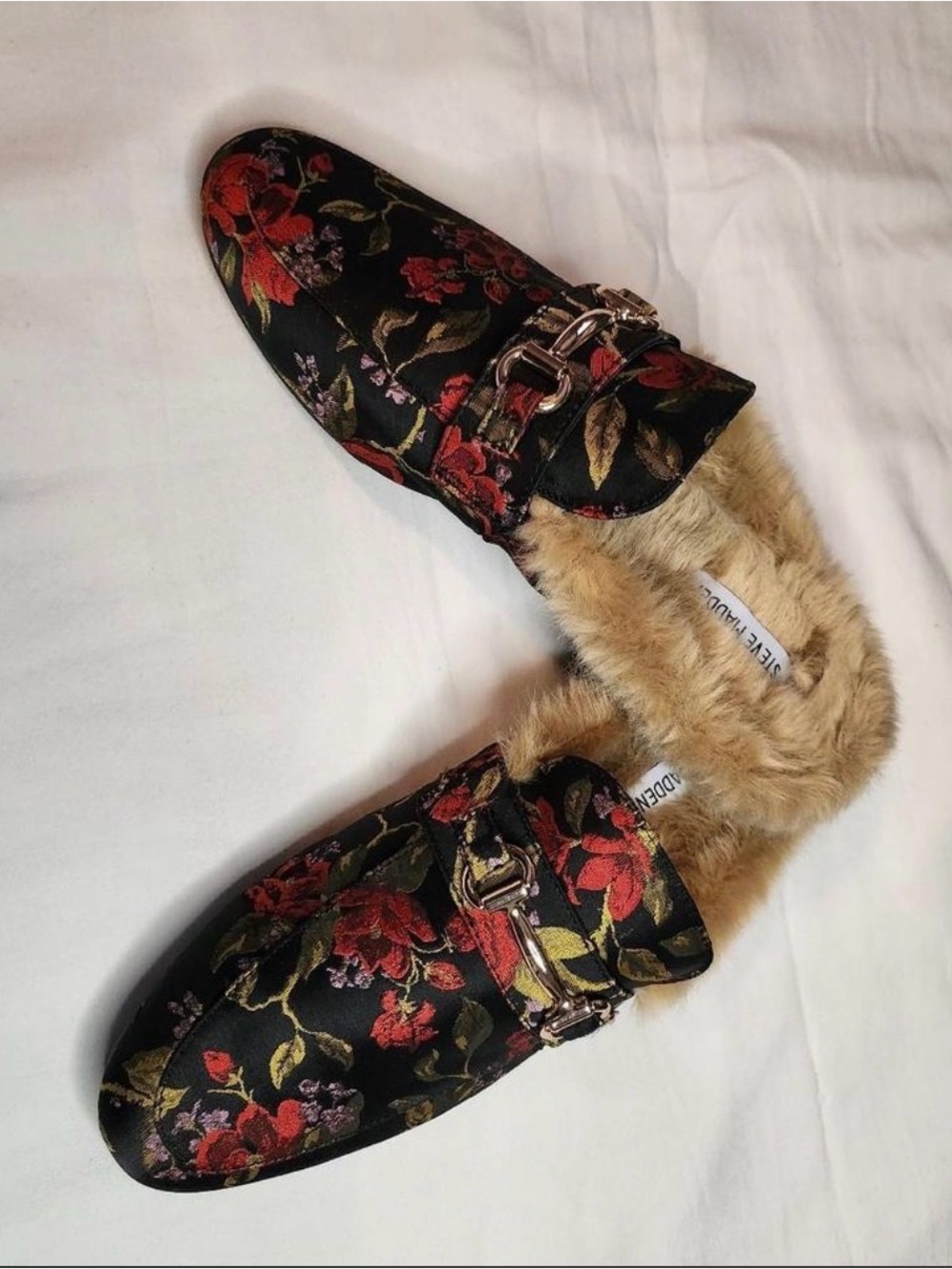 Steve Madden Black Floral Faux-Fur Backless Loafers